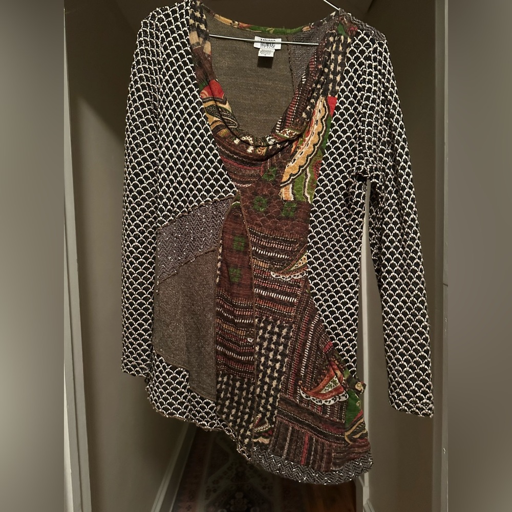 Long Sleeve Multi-Pattern Patchwork Top, Size S